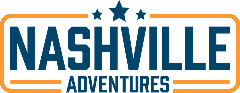 Nashville Adventures logo in blue with three stars, framed by orange rounded lines on a black background.