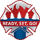 Logo for Ready, Set, Go with a flame, trees and a home