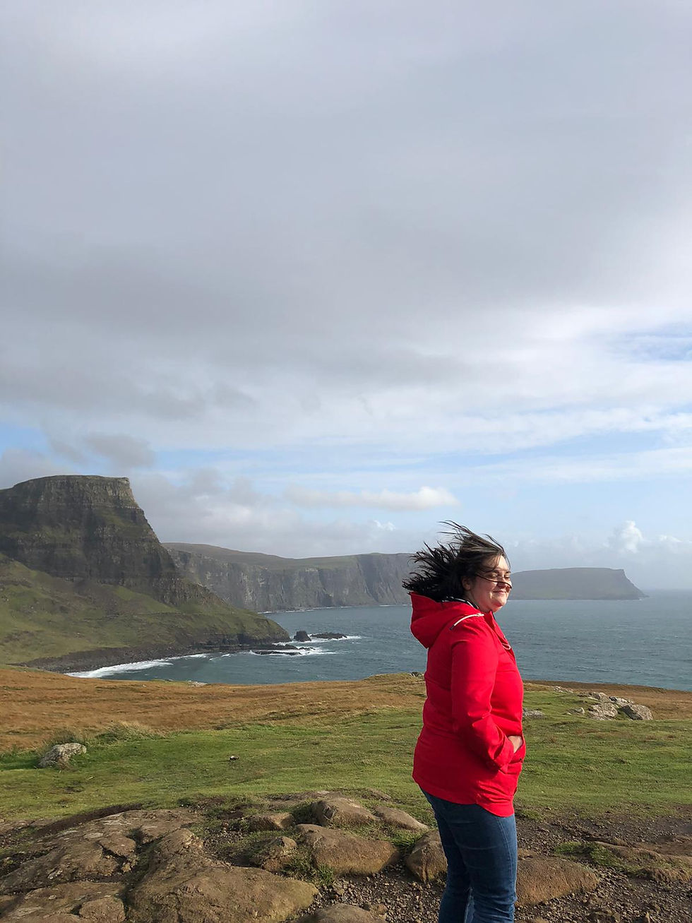 Heather enjoying a windy day, Neist Point Lighthouse, Isle of Skye