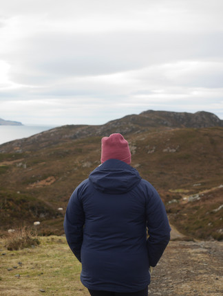 Heather on the walk to Camus Daraich Beach, Isle of Skye, Scottish Highlands 