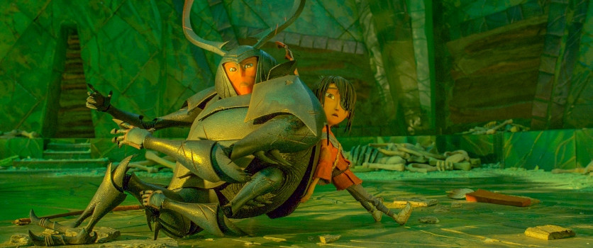 (l-r.) After they unknowingly fall into The Hall of Bones, Beetle (Academy Award winner Matthew McConaughey) is given a hand by his new friend Kubo (voiced by Art Parkinson) in animation studio LAIKA’s epic action-adventure KUBO AND THE TWO STRINGS, a Focus Features release. Credit: Laika Studios/Focus Features