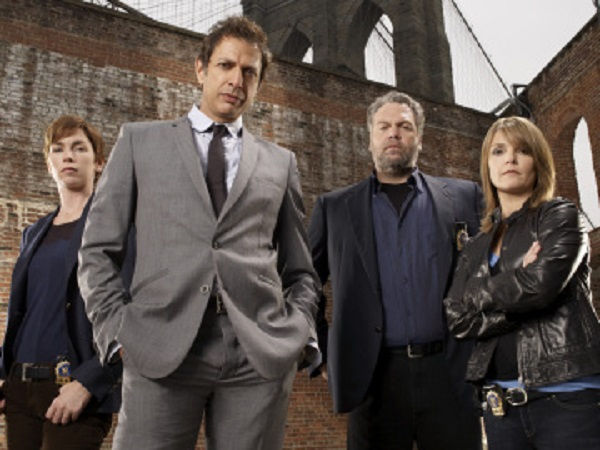 LAW & ORDER: CRIMINAL INTENT — Pictured: (l-r) Julianne Nicholson as Detective Megan Wheeler, Jeff Goldblum as Detective Zach Nichols, Vincent D'Onofrio as Detective Robert Goren, Kathryn Erbe as Detective Alexandra Eames — USA Network Photo: Miranda Penn Turin