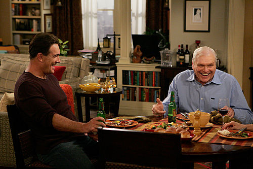 "Dad's Visit" -- Much to Audrey's dismay, Roy (Brian Dennehy, right), Jeff's (Patrick Warburton, left) chauvinist father extends his visit after spraining his ankle, on RULES OF ENGAGEMENT, Monday, March 23 (9:30-10:00 PM, ET/PT) on the CBS Television Network. Photo: Monty Brinton/CBS ©2008 CBS Broadcasting Inc. All Rights Reserved.