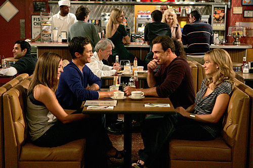"Dad's Visit" --Pictured (L-R) Bianca Kajlich as Jennifer, Oliver Hudson as Adam, Patrick Warburton as Jeff and Megyn Price as Audrey of the CBS series RULES OF ENGAGEMENT, Monday, March 23 (9:30-10:00 PM, ET/PT) on the CBS Television Network. Photo: Monty Brinton/CBS ©2008 CBS Broadcasting Inc. All Rights Reserved.