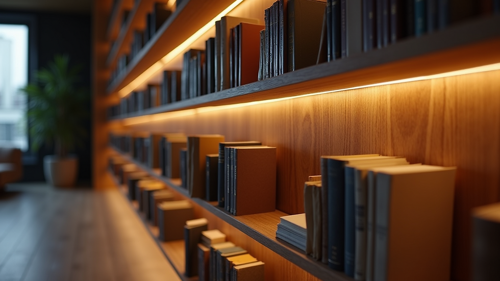 Close-up view of a custom bookshelf with integrated lighting