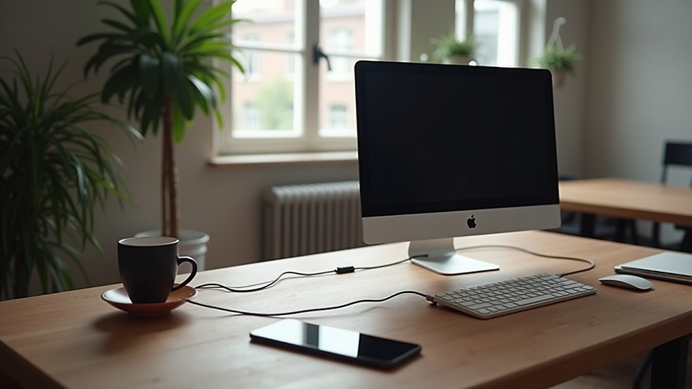 High angle view of a custom desk with built-in wireless charging and cable management