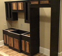 100 year old barn wood stained with painted office cabinets 