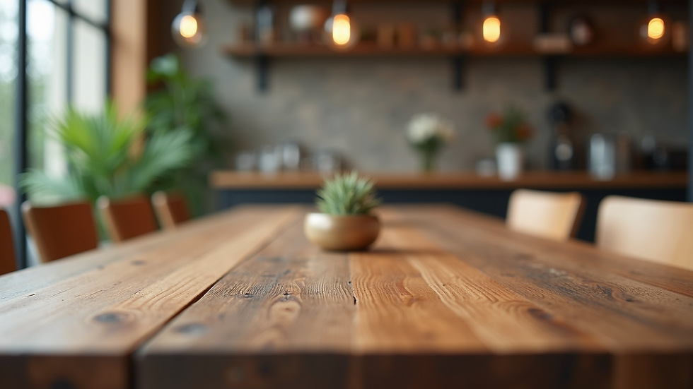 Eye-level view of a modern dining table with mixed wood and metal materials
