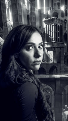 Woman in a black-and-white cinematic architectural environment