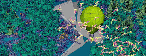 Colourful folded-paper landscape inspired by the pathways and greenery of King Salman Park