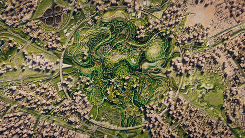Wide aerial reveal of King Salman Park at the end of the rising camera shot