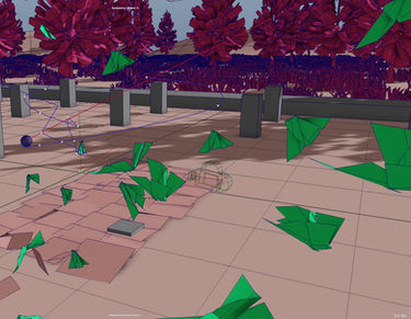 Technical CGI setup of paper butterflies moving through the King Salman Park environment