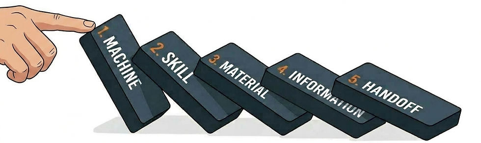 a hand pushing over 5 dominos of the common Workshop Bottlenecks