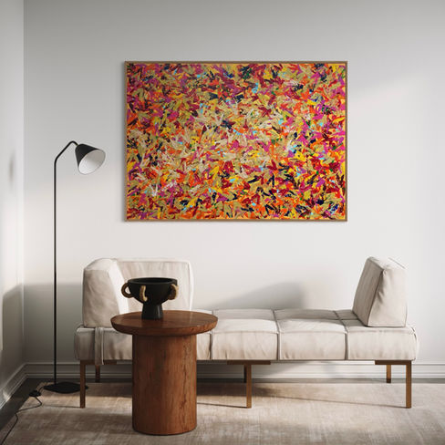 peinture art abstrait acrylique tableau décoration moderne grand format couleurs toile artiste liégeois Liège belge orange jaune or doré rouge rose