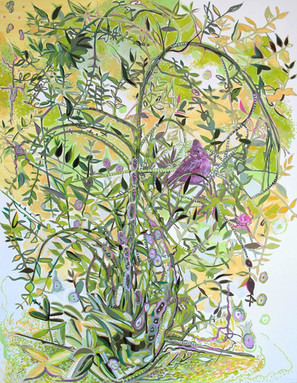 This is a mixed media painting by artist Dawn Hunter featuring a baby Cardinal in a shrub surrounded by Cajal's neurons.