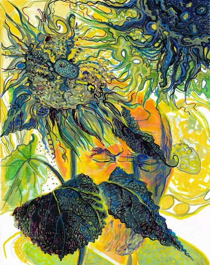 This is a portrait of Cajal with his eyes closed, there is a depiction of a sunflower in front of him that looks like the cosmos.