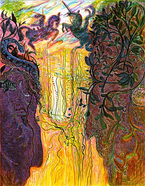Artwork by Dawn Hunter titled 'Dueling Cajals', made with marker, pen and ink. The piece shows a creative overlay of silhouette profiles of Cajal, depicted through the unique method of casting shadows from a mold of his death mask. These profiles are paired with depictions of regenerative neurons and figures of Don Quixote, a rich blend of scientific imagery and literary symbolism.