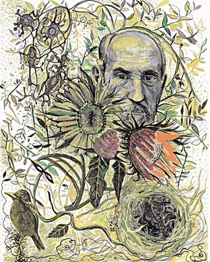 This artwork by Dawn Hunter is a mixed portrait of the celebrated neuroscientist, Santiago Ramón y Cajal. Exhibited at the National Institutes of Health in Bethesda, MD, this image creatively interprets the scientist's features, sitting in thoughtful juxtaposition with seven of Cajal's original scientific drawings. The artwork pays tribute to Cajal’s contributions to the field of neuroscience.
