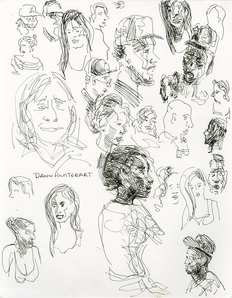 This is a pen and ink drawing by Dawn Hunter of people at Politan Row at Colony Square.