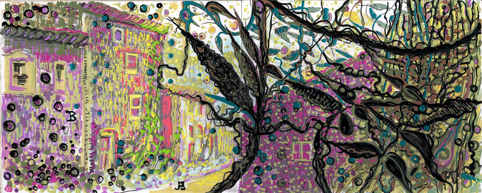 An intricate representation of Cajal’s birthplace, Petilla, intertwining with stylized depictions of neurons, rendered in acrylic, ink, and pen.