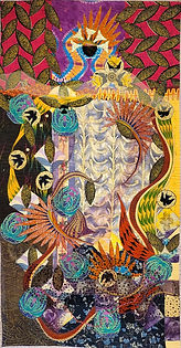 This is a quilt of Tina Williams Brewer. It features symbolism that has a duality of sinister implications and hopefulness for the future. Like the black birds seem to be a symbol of distruction and hope, as does the wild vegetation, it seems to be monstorous and distructive, and hopeful and regenerative.