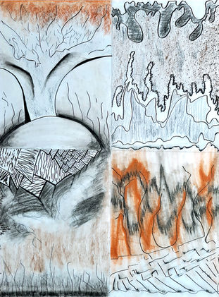 This is a drawing that has 4 thumbnail iterations of textures from natural objects. The materials used in the drawing are conté, graphite and charcoal, thus giving it an overall neutral tone.