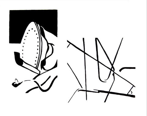 Black-and-white student drawing with two pictorial areas. At upper left, an iron is simplified into black and white shapes; on the right, intersecting linear forms create an abstract arrangement across the white page.