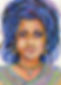 This is a portrait of artist Dawn Hunter's daughter Darcy, a young African American girl and she is wearing long blue braids and gold hoop earrings.
