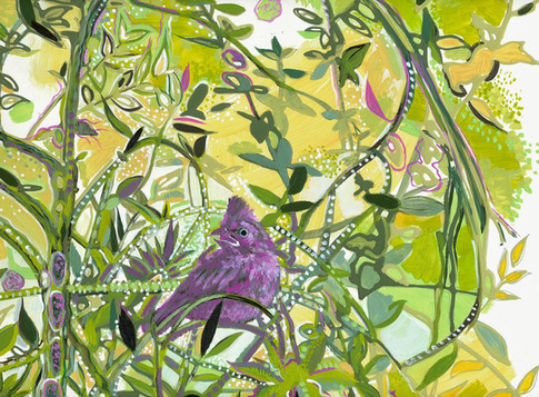 This is a detail of a painting by artist Dawn Hunter featuring a baby Cardinal bird.