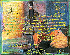 This artwork by Dawn Hunter is a complex juxtaposition drawing that features elements closely associated with Santiago Ramón y Cajal. The image features detailed representations of Cajal's hands, his microscope, a pyramidal neuron, symbolism from his Nobel Prize, and a famous quote penned by him at the time of his retirement. Each component in this work collaboratively tells the story of Cajal’s scientific journey and his enduring legacy.