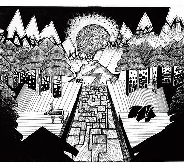 Black-and-white ink drawing by Ryan Arambula depicting an imagined landscape constructed from repeated planar forms. Layered mountain-like shapes, patterned trees, architectural forms, a winding central path, and a large circular form create strong depth and dense visual rhythm.