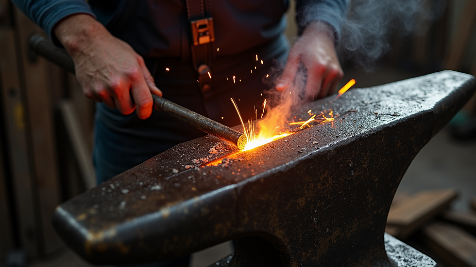 High angle view of a blacksmith forging metal on an anvil