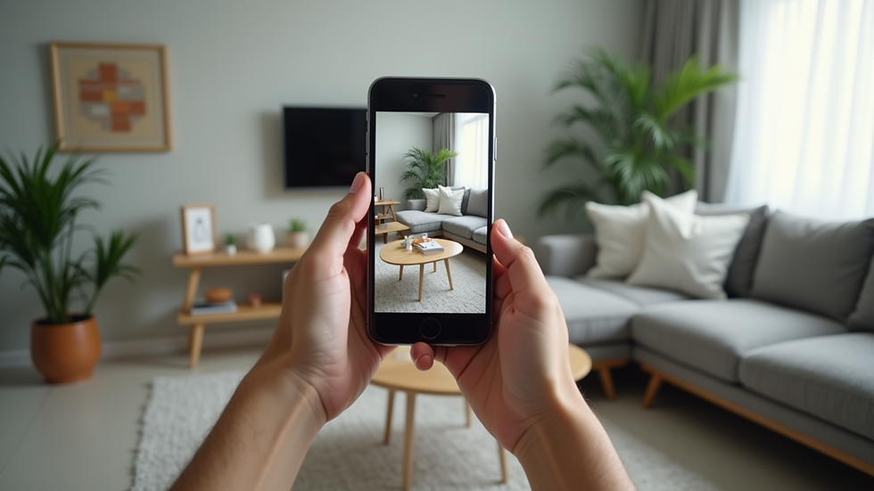 Close-up view of a smartphone displaying an augmented reality app overlaying furniture in a living room