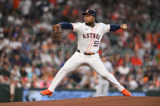 HOUSTON, TEXAS - AUGUST 18: Framber Valdez #59 of the Houston Astros throws a pitch in the first inning against the Chicago White Sox at Minute Maid Park on August 18, 2024 in Houston, Texas. (Photo by Maria Lysaker/Getty Images)