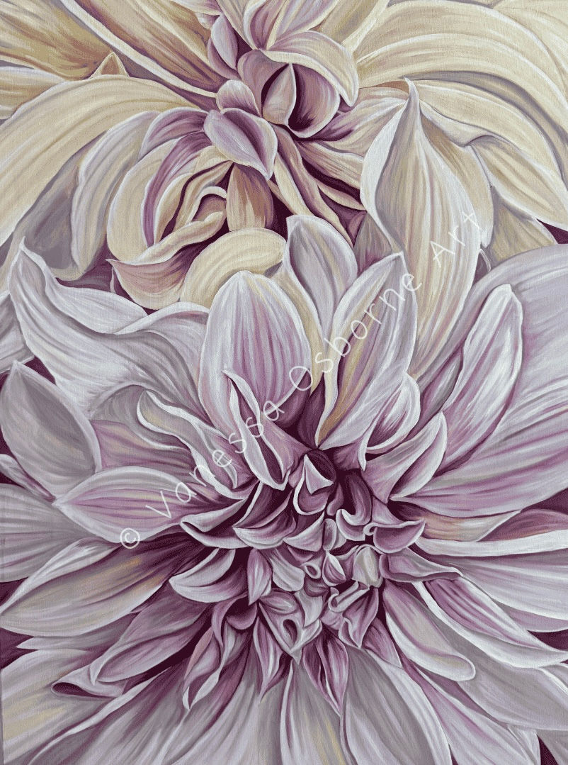 Oil painting of the gorgeous Cafe au Lait dahlia 76 x 101 cm on canvas titled Resonance of Light painted by Vanessa Osborne Art.