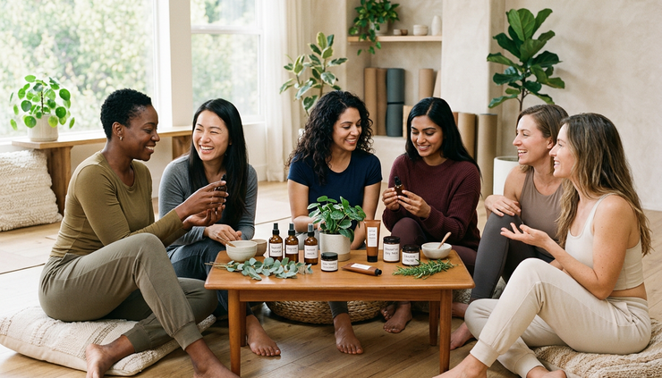 Wide-angle view of women gathered in a calm wellness studio with skincare products