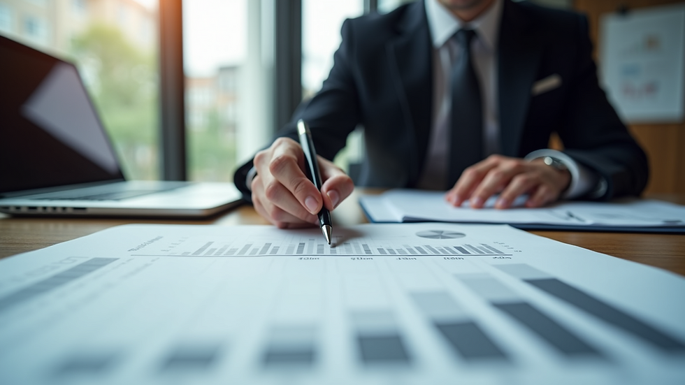 Eye-level view of a businessperson reviewing financial documents on a desk
