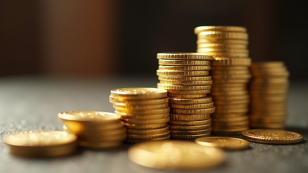 Close-up view of gold coins stacked on a table