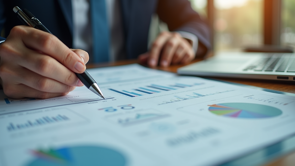 Eye-level view of a small business owner reviewing financial documents