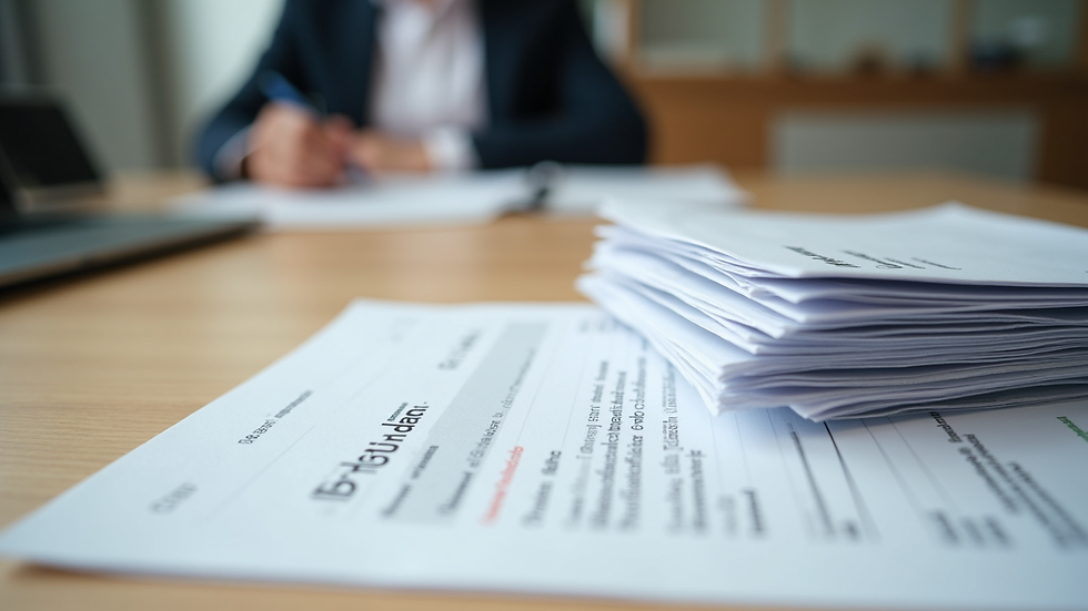 Eye-level view of a neat stack of loan application documents on a wooden desk