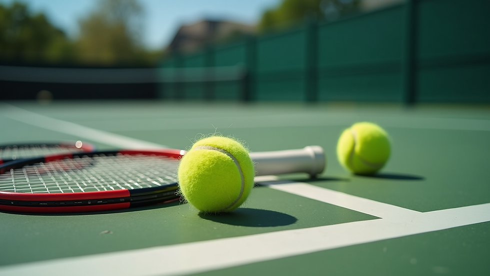 Close-up view of tennis rackets and balls on a court ready for a doubles match