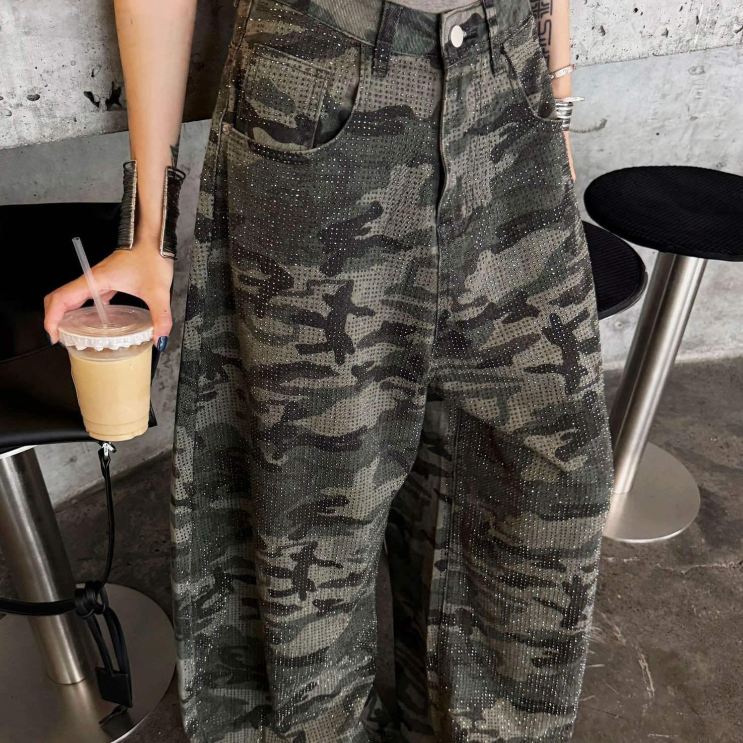 Rhinestone Studded Camo Denim Jeans