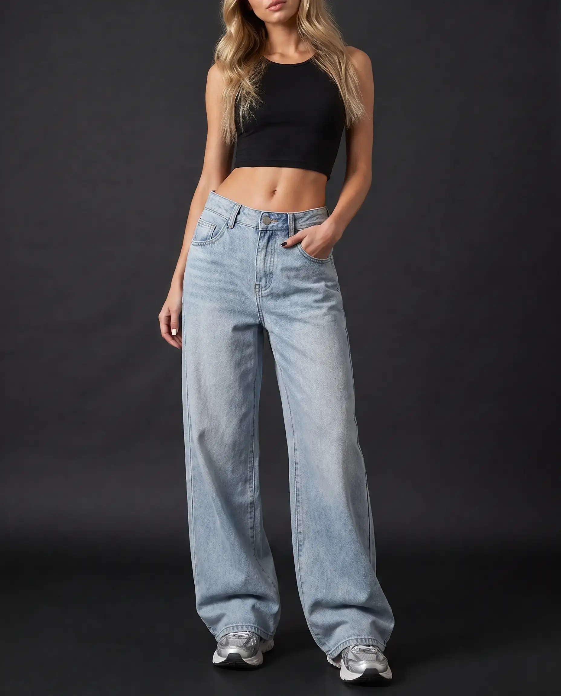 Women's Retro Light-Wash Wide Leg Jeans