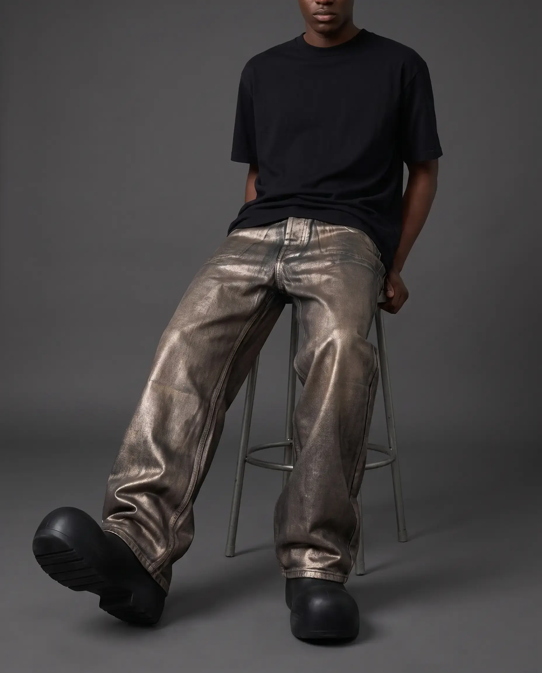 Distressed Wax-Finish Wide Leg Jeans