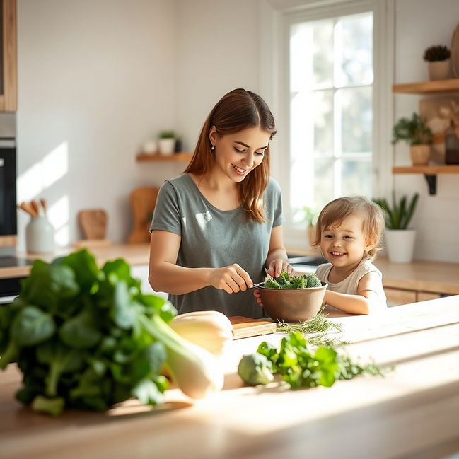 A warm, modern kitchen filled with soft natural sunlight, featuring a clean and inviting a