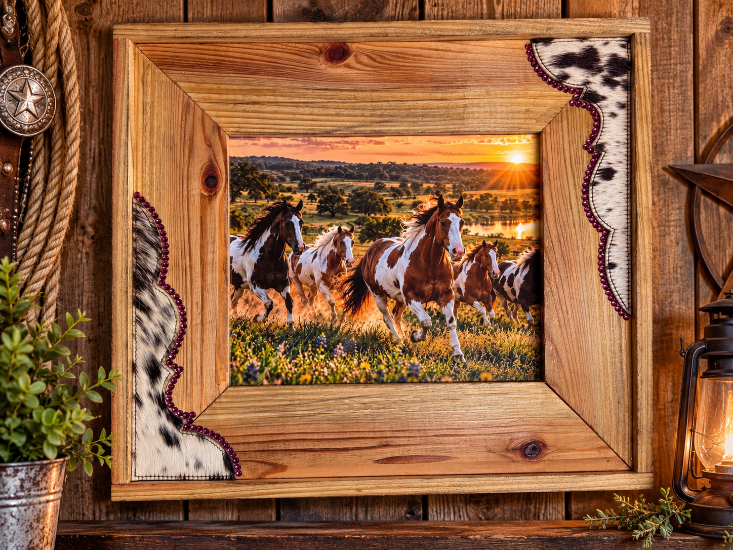 Rustic Cowhide & Wood Western Picture Frame