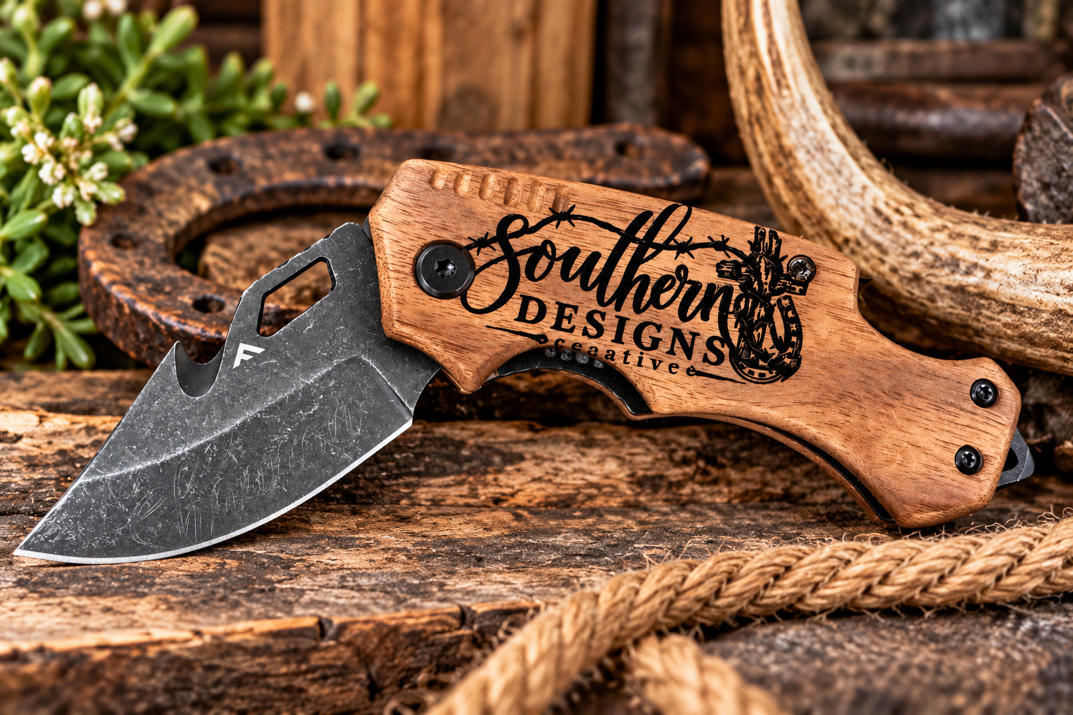 Laser Engraved Wood Handle Pocket Knife