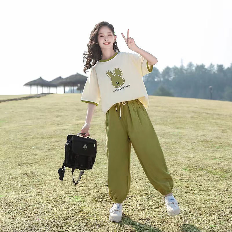 2026 verão criança conjunto roupas meninas agasalho carta t camisa + verde espor