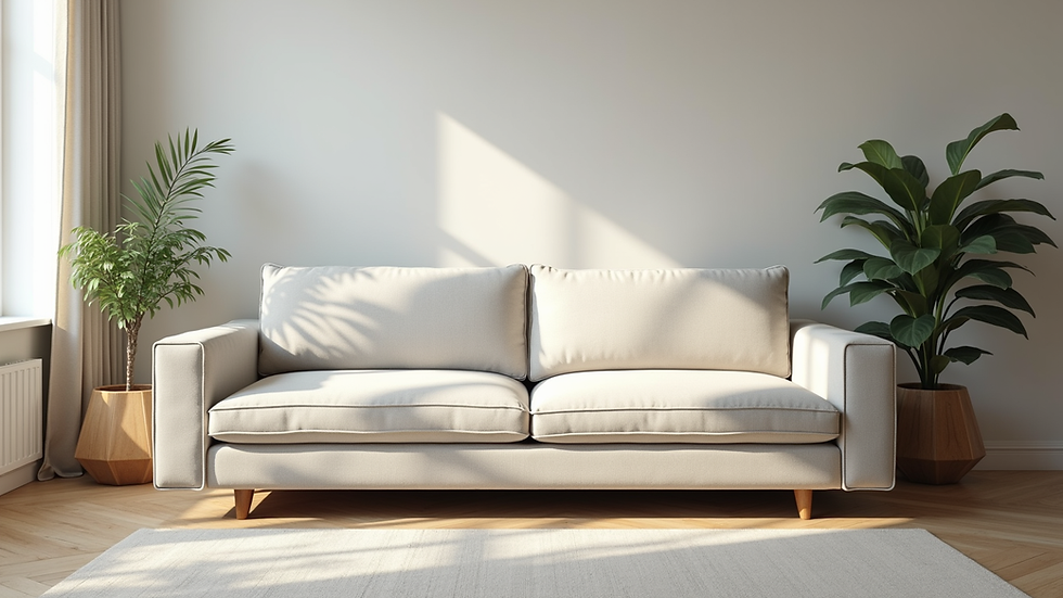 Eye-level view of a freshly upholstered sofa in a bright living room