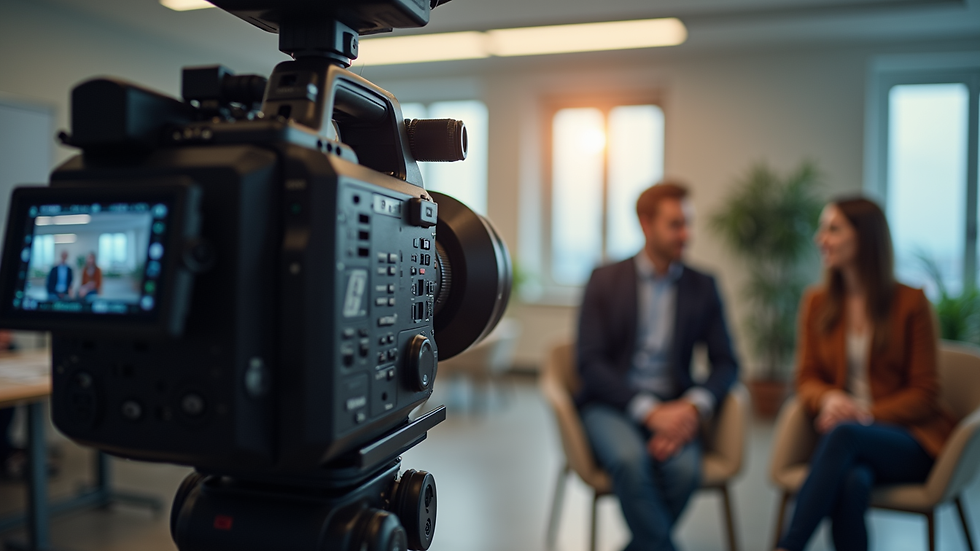 Eye-level view of a professional video camera filming a corporate interview